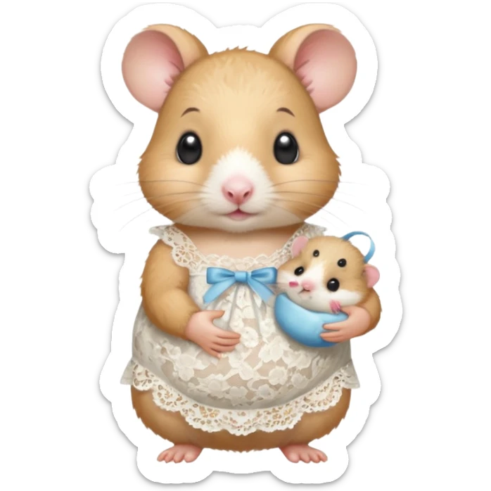 Mama white pretty hamster girl wearing lace dress holding a baby hamster wearing nappy and dummy sticker