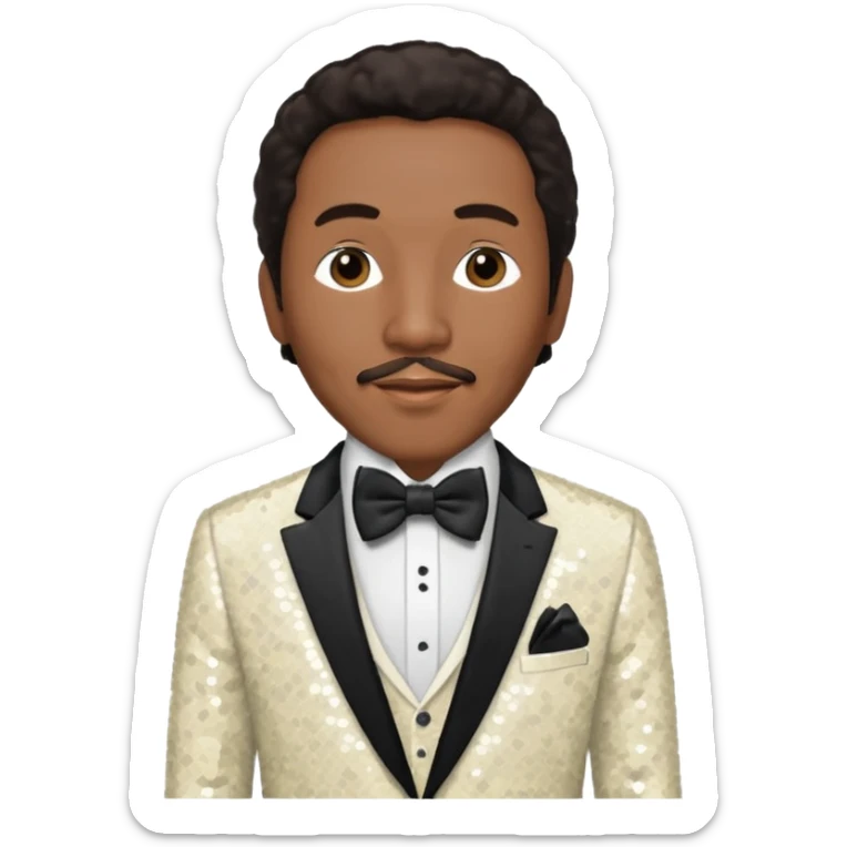 Smokey Robinson with long dark brown hair and short mustache, ivory sequin suit with bow tie  sticker