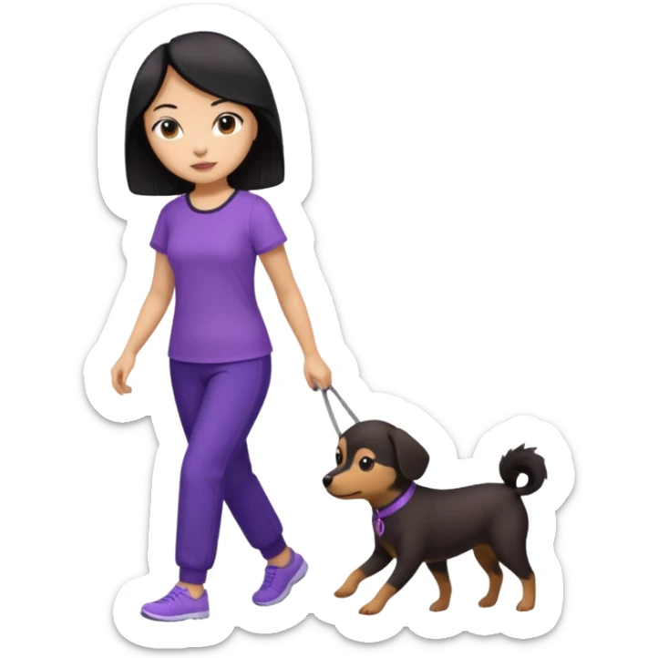 black hair Chinese woman wearing purple top and black pants walking one small brown dog sticker