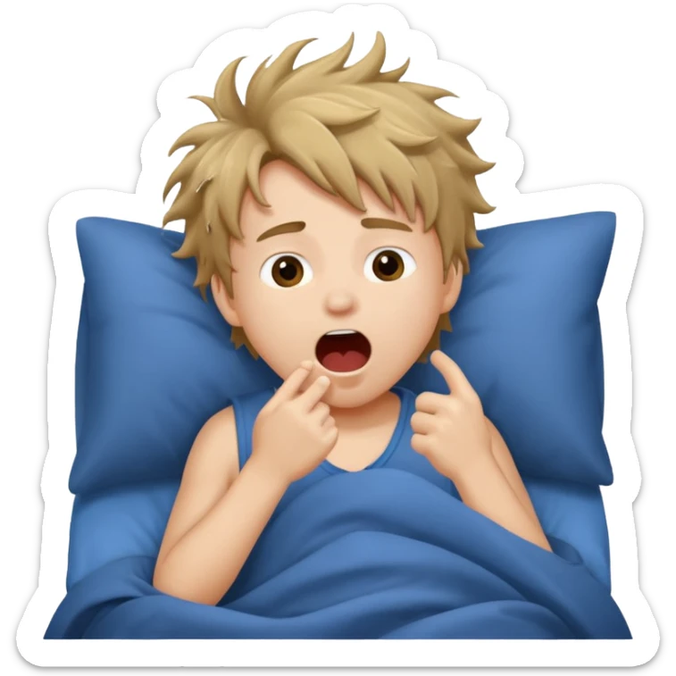 emoji- of a cute boy waking up in bed. He is yawning or rubbing his eyes.  sticker