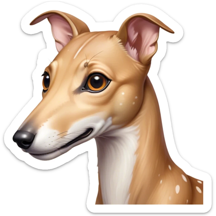 Cinematic Cute Fawn Greyhound Portrait Emoji, Head tilted playfully and inquisitively, featuring a sleek fawn Fur with a gentle sheen, round, sparkling eyes filled with curiosity, Simplified yet irresistibly adorable features, highly detailed, glowing with a warm, friendly glow, high shine, affectionate and nimble, stylized with a touch of whimsy, bright and endearing, soft glowing outline, capturing the essence of a mischievous yet loving racer, so playful it feels like it could sprint out of the screen and into your arms! sticker