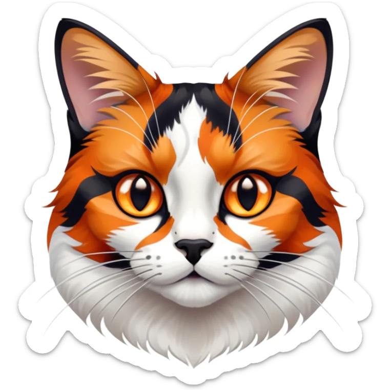 cinematic-noble-calico-cat-portrait-emoji,-poised-and-regal,-with-a-striking-patchwork-fur-in-vibrant-orange,-black,-and-white-hues,-delicate-whiskers-and-a-refined,-focused-gaze,-simplified-yet-exquisitely-detailed,-glowing sticker