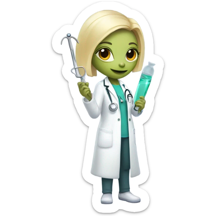 Reptilian alien woman, blonde, is a doctor sticker