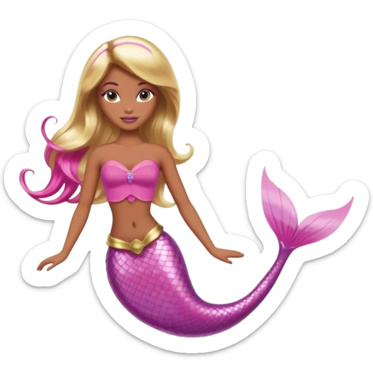 Brown skin blonde hair barbie mermaid with pink tail and pink highlights in hair  sticker