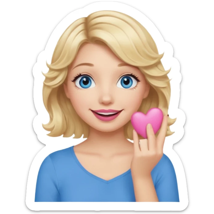 Girl Blonde short wavy hair,  blue eyes, cute blue top, long lashes, pink lips, smiling, hand covering the mouth sticker