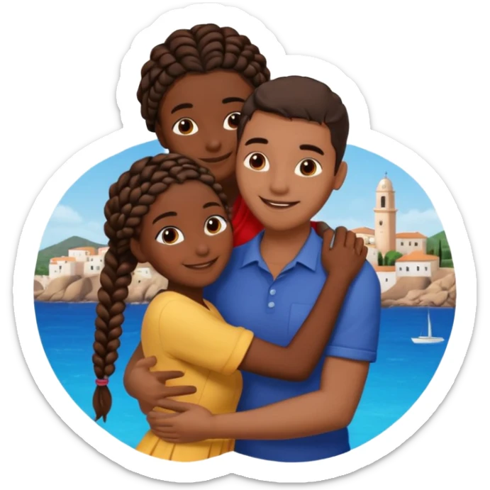 dark skin, black girl with black and brown braids, hugging her Mediterranean boyfriend with brown hair and dark skin sticker