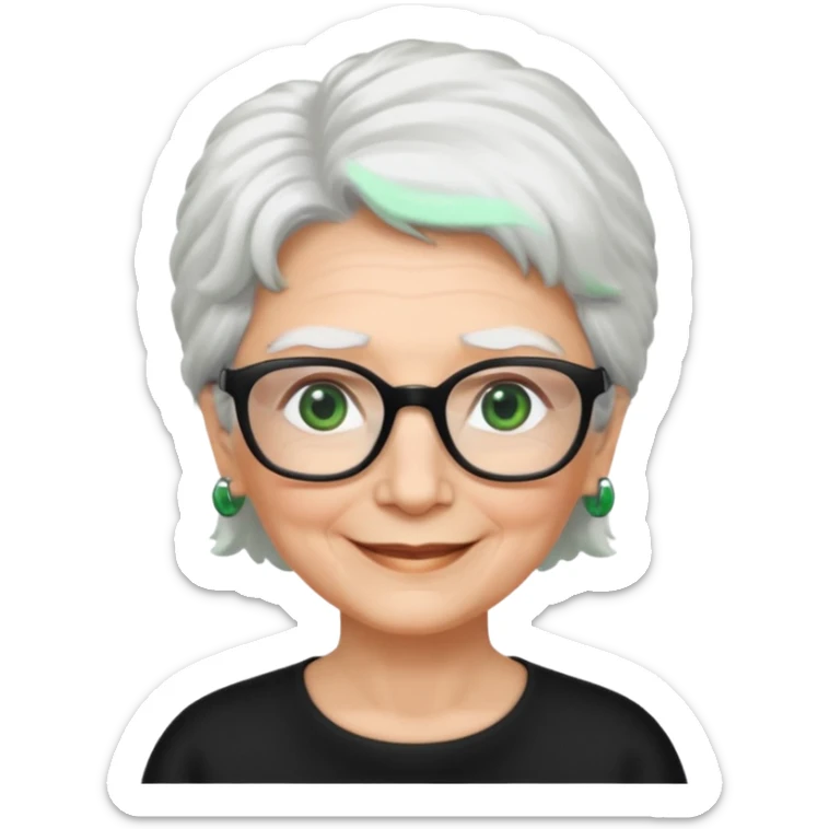 White hair grandma, green eyes, hair to shoulder, lokeg black glasses, rectangles face, smile , sticker