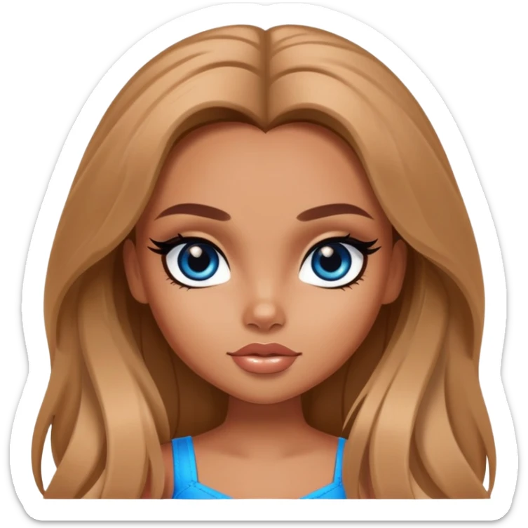 pretty bratz girl, tan skin, light brown long hair, blue eyes, black eyeliner sticker