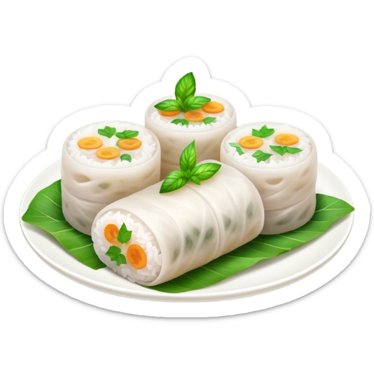 Bánh Cuốn Cinematic Realistic Bánh Cuốn Dish Emoji, depicted as delicate steamed rice rolls garnished with chopped mint on top, rendered with lifelike textures and fresh, vibrant lighting. sticker