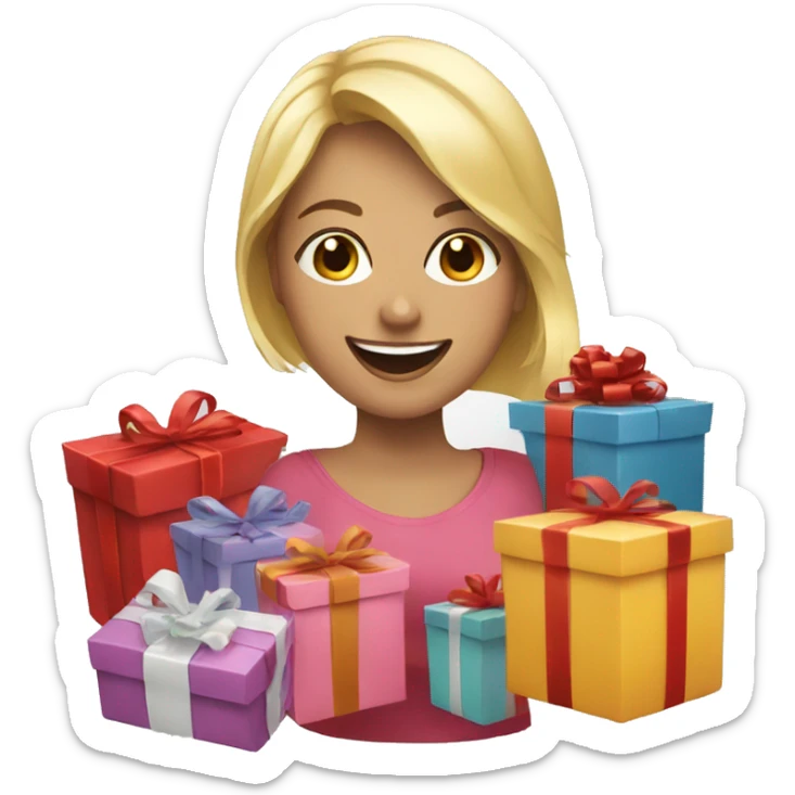 happy blonde woman with a lot of gifts sticker