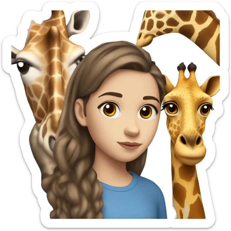 10 year old white girl with brown eyes, brown hair, big lips, blue shirt, blue and black pants, whit shoes, with a giraffe next to her  sticker