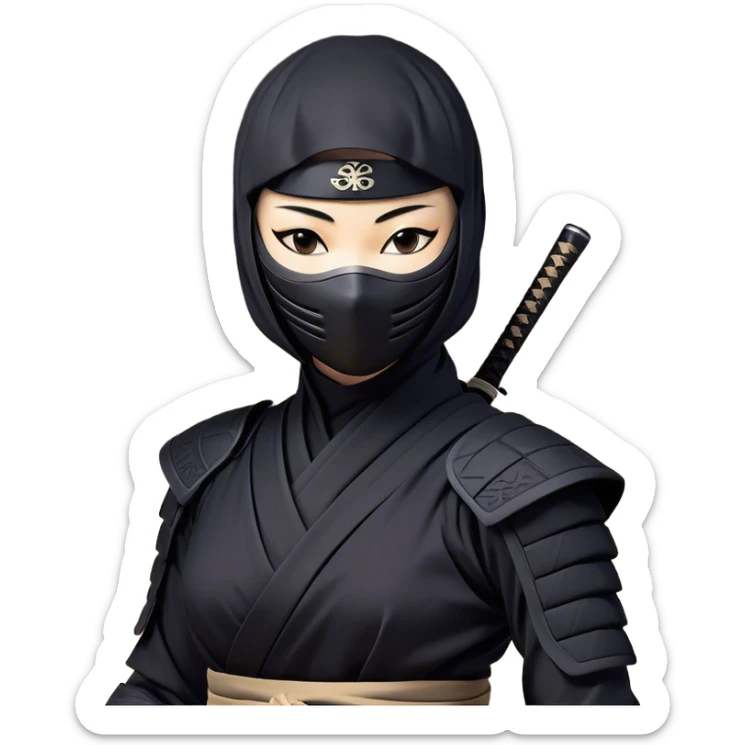 Clash of Clans aesthetic: Beautiful and Majestic Ninja Portrait Emoji, Rendered in serene poise with a gentle, confident smile and a refined masked visage, showcasing a sleek, artfully poised figure exuding calm and determined elegance in natural skin tone, Simplified yet exquisitely endearing features, highly detailed, glowing with a soft, drowsy nocturnal light, high shine, relaxed and utterly noble, stylized with an air of timeless stealth, soft glowing outline, capturing the essence of a majestic ninja whose graceful presence inspires epic covert adventures! sticker