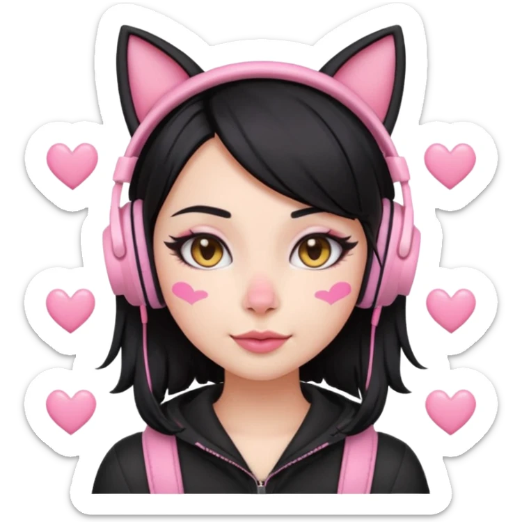 “Emoji girl, pastel pink streaks in black hair hair, bold winged eyeliner, heavy blush on cheeks and nose bridge, under-eye hearts, glossy pink lips, playful smirk and gaming headphones and cat ears.” sticker