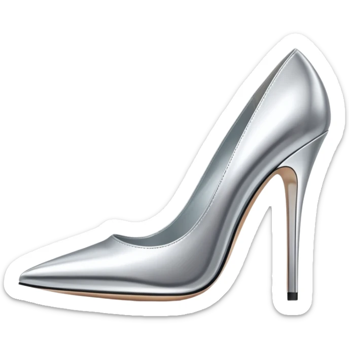 A pair of high heel shoes emoji made of polished silver chrome, elegant sharp silhouette, smooth metallic surface, glossy reflections, luxury sexy vibe, minimalistic iOS emoji style, centered, clean white background sticker