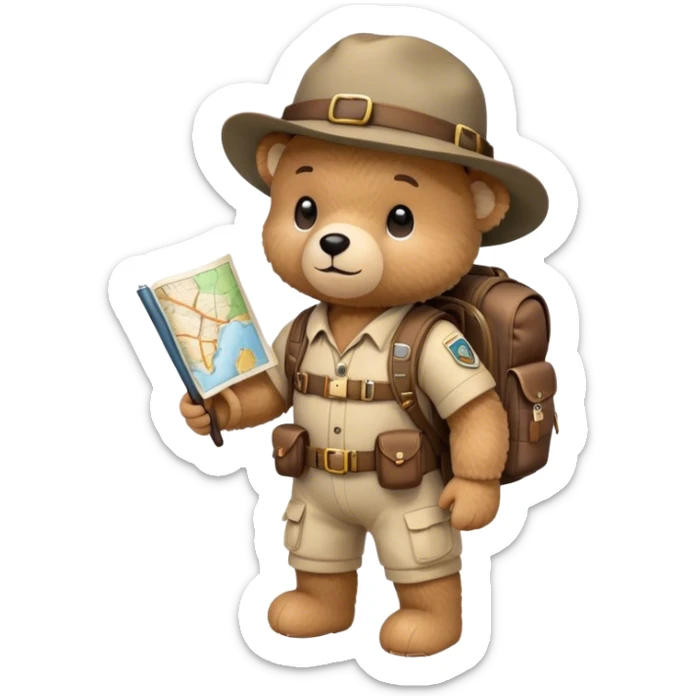 A cute, cartoon-style teddy bear, dressed as an explorer, carries a well-equipped backpack and holds a map in his hand. Explorer bear sticker