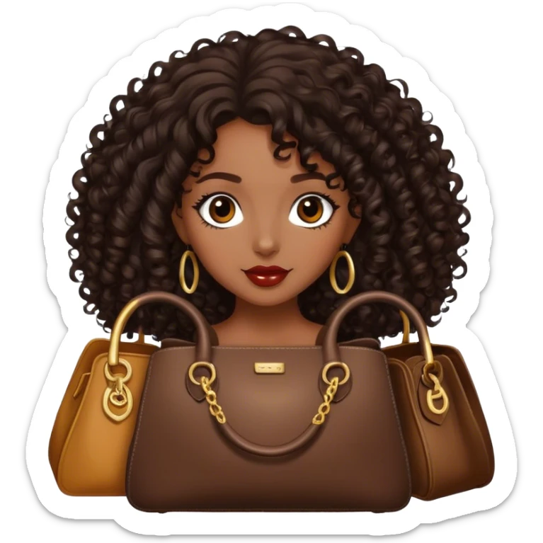 Rich dark brown girl with dark brown mid-length curly hair expensive bags  sticker