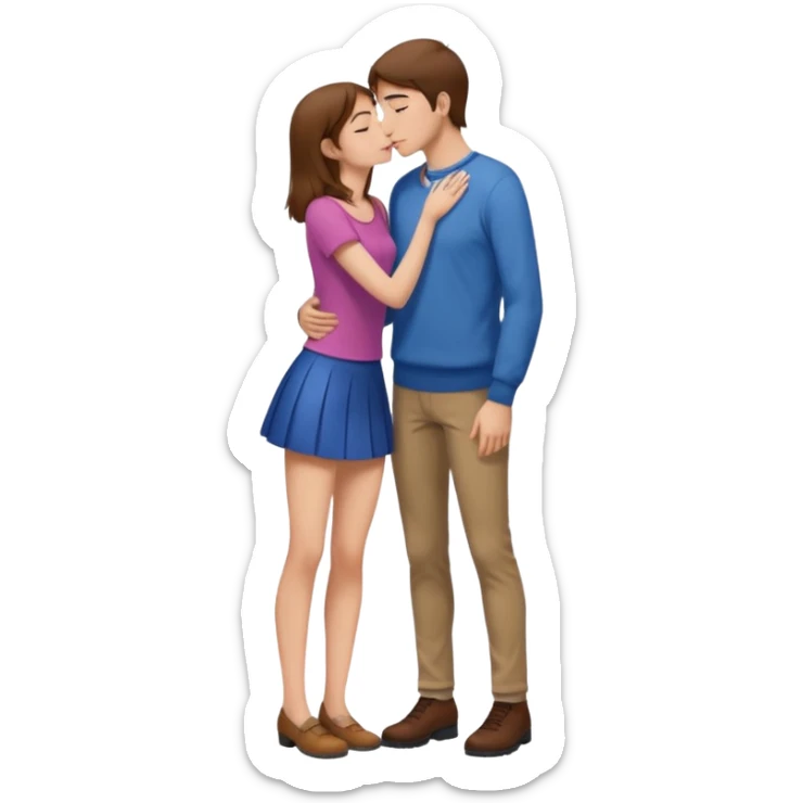 A naked girl with brown hair and bare small breasts openly kisses a tall guy with brown hair full-length on the lips. she is with naked boobs She is wearing a very short skirt and is in full height. sticker