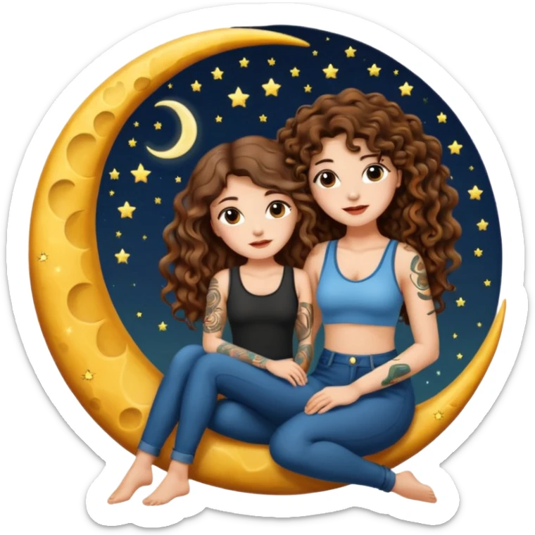 moon bench — long wavy brown hair tattooed woman and short tight curly brown hair woman — sitting on crescent moon sticker