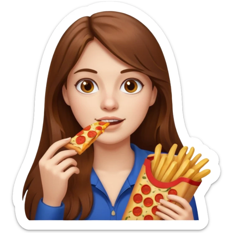 lean female with long hair holding fries and eating pizza sticker
