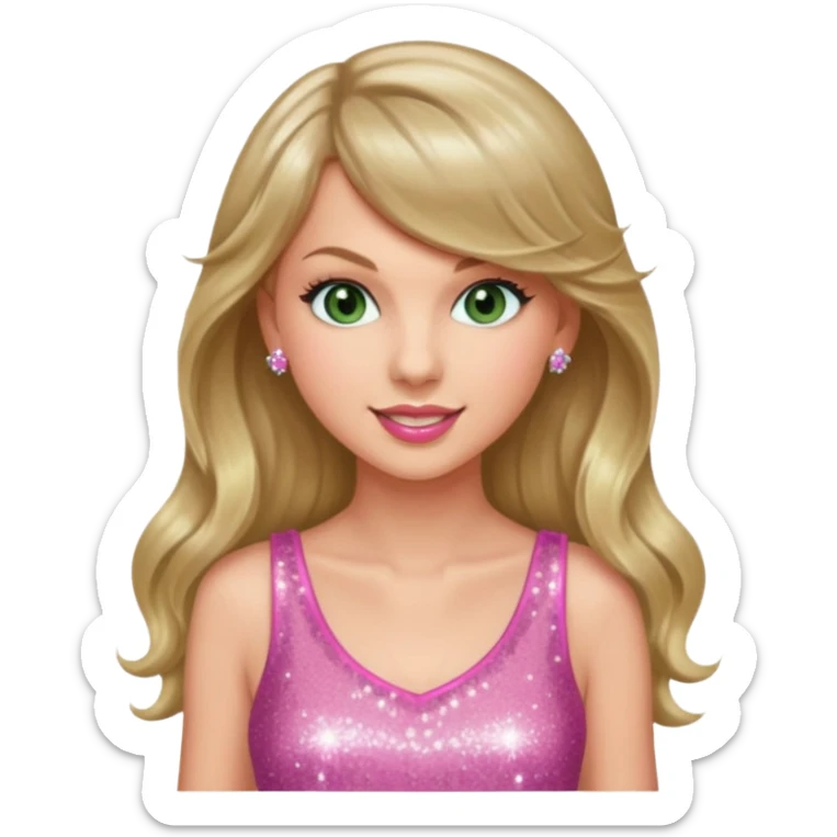 Green eyed smiling Taylor swift with long hair wearing a sparkly pink minidress at the eras tour sticker
