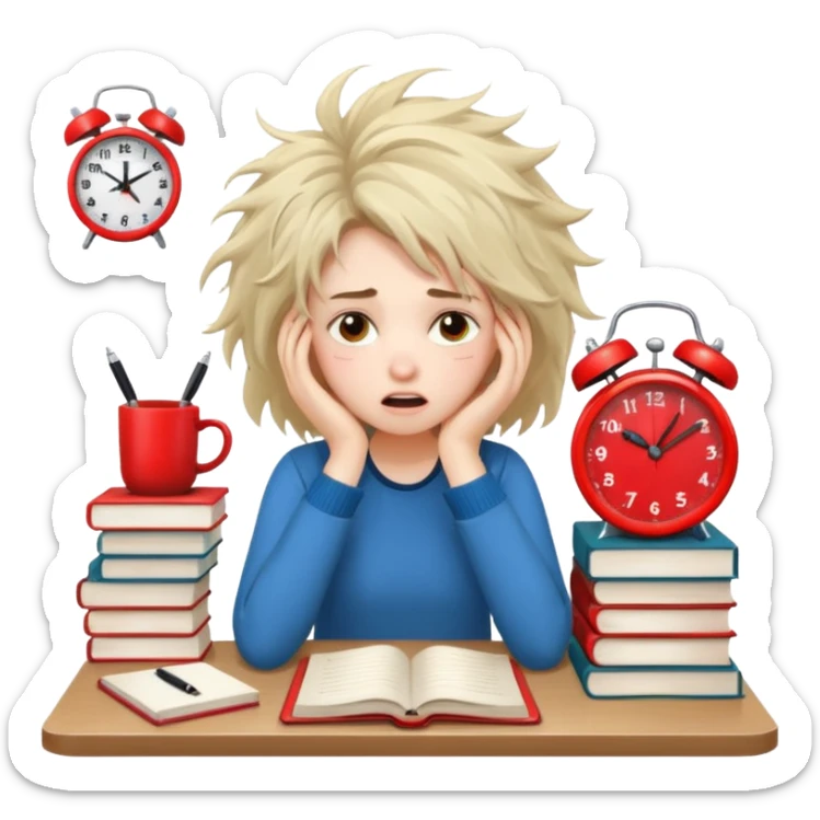 A student girl is sitting in a panic and chaos. On the table, there are a bunch of books, notebooks, and a phone with a red alarm clock on the screen. sticker