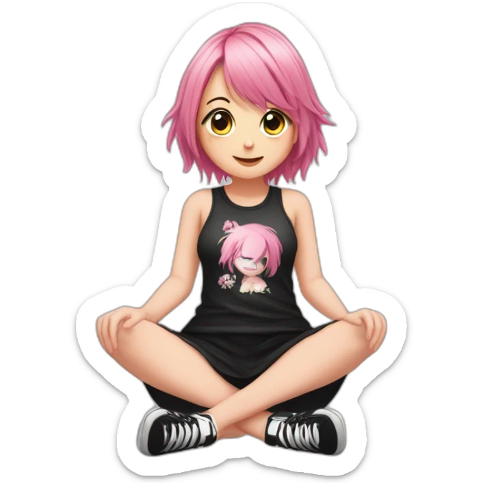 Full body Front view curvy emo girl pink hair sits on the floor straight view hands up black skirt белые трусики sticker