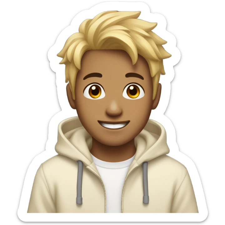 A young Asian man, blond messy hair that's shaved on the left hair, honey-brown eyes, cream-colored hoodie, smiling. sticker