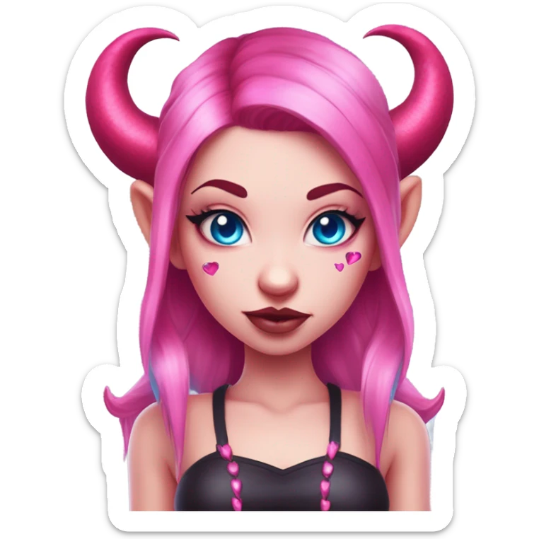 A succubus devil girl with pink skin round shaped horns with blue eyes and pupils shaped into red hearts her hair tied up in two ponytails, hot pink colour with blue hair, strings crystal in her forehead, blue coloured and pink freckles sticker