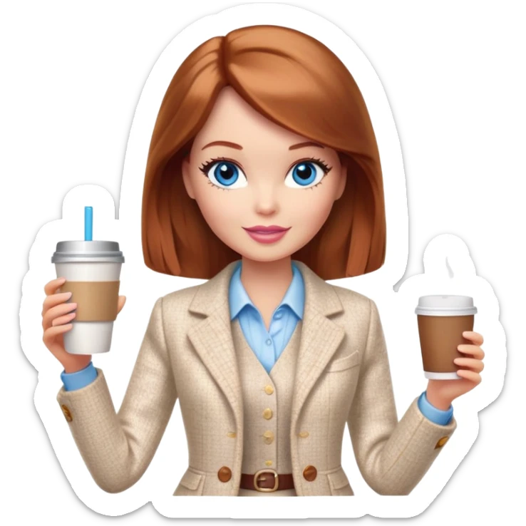 A Barbie girl with blue eyes, shoulder-length reddish-brown hair, made-up, wearing a white tweed jacket and a beige skirt, with a glass of coffee in her hands sticker