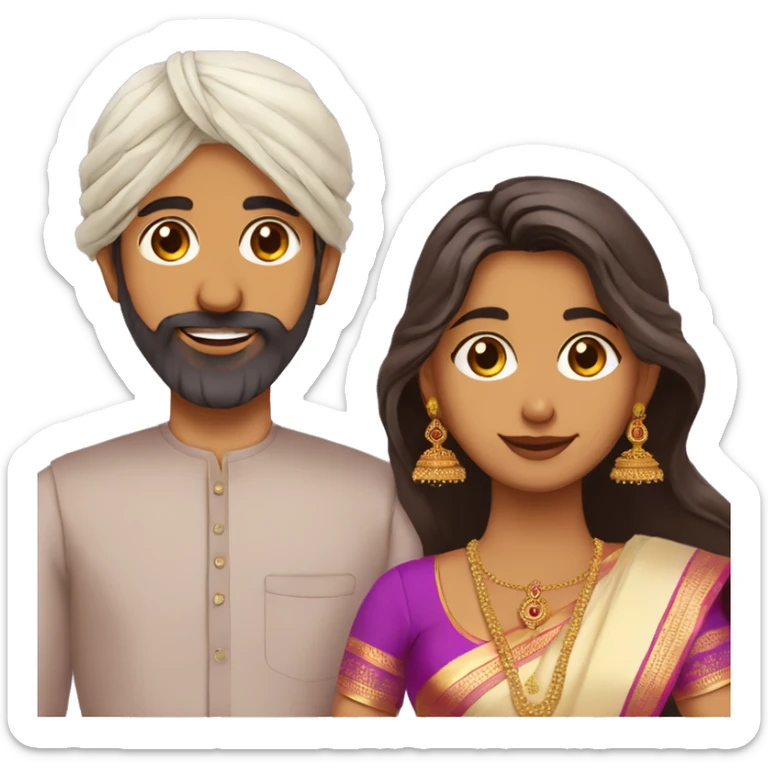 south indian girl with straight hair wearing lavender saree marrying south indian guy with curly hair and beard wearing dhoti sticker