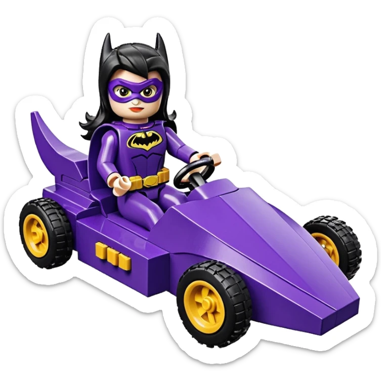 Hot full size real-appearance racing action BatGirl’s Lego feminine midnight-purple tight outfit sixty’s tv show 1992 stealthy retro sporty safe plush petite off-road pursuit hovering hover cruiser car rose gold accents (black hair,reclined and relaxed seating position) go kart  sticker