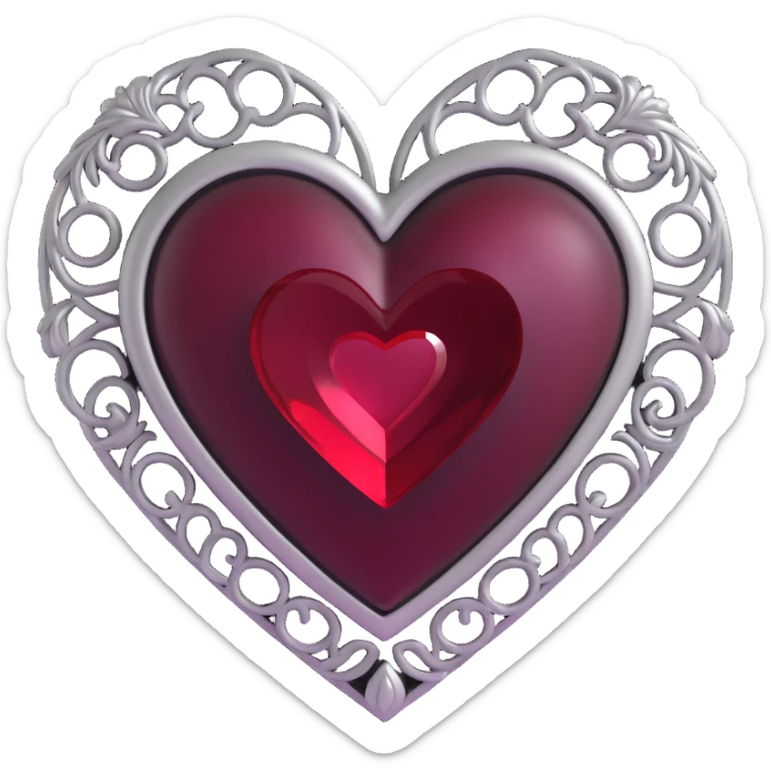 3D emoji gothic heart, black velvet texture, ornate silver filigree, deep red gemstone center, smoky aura sticker