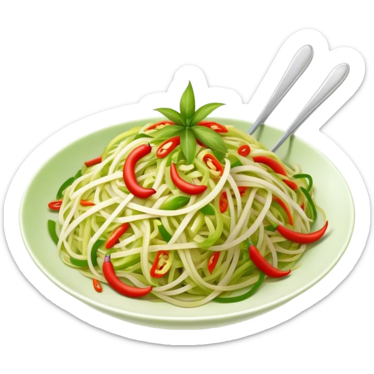 Cinematic Realistic Som Tam (Papaya Salad) Dish Emoji, featuring a spicy, tangy salad of shredded green papaya with chili and lime rendered with crisp textures and bright, lively lighting. sticker