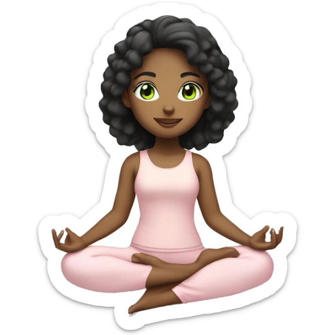 girl with black hair and light green eyes doing yoga in her light pink set sticker