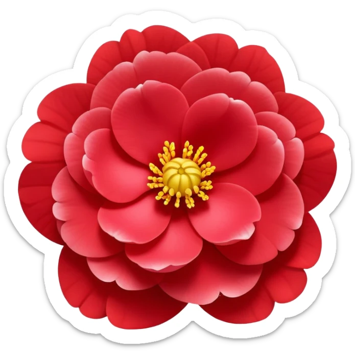 red Japanese camellia flower with layered petals and yellow stamen, flat design sticker