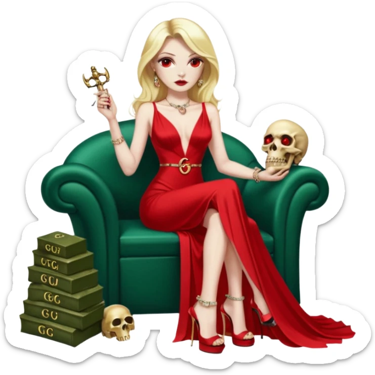 Lilith symbol red eye seductress evil shoulder length blonde haired sexy succubus woman with Gucci  long dress with slit, sitting on of gold and diamonds. Black Platform high heels on feet. seat full of stacks of cash,  dead human skull of her enemies in her other hand sticker