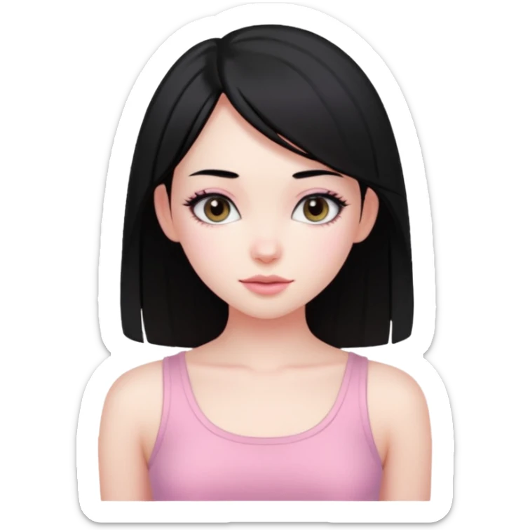 Cute girl with black hair long straight with pale skin and with pink crop top coquette sticker