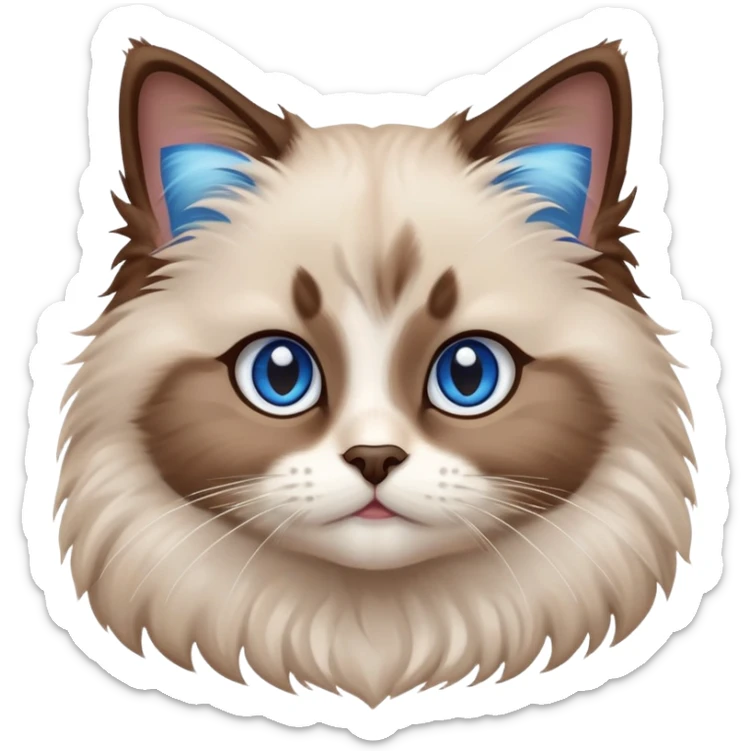cinematic-adorable-fluffy-brown-ragdoll-cat-portrait-emoji,-head-tilted-cutely-with-big,-sparkling-blue-eyes,-soft-brown-and white-colored-fur-with-darker-points-on-the-ears,-face,-and-paws,-simplified-yet-irresistibly-adorable-features, sticker