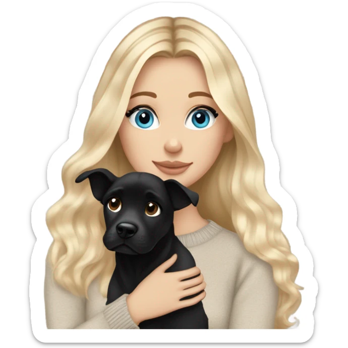 White girl blue eyes Blonde balayage long hair beige sweater cuddling black dog sticker