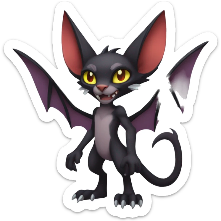 Black cool beautiful vampiric Noivern-Litten-Lykoi-Caracal-Fakemon with big bat ears full-body sticker
