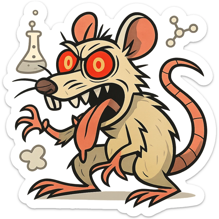 A crazy lab rat with wild eyes, tongue out, red glowing eyes, beige fur, cartoon style with dynamic pose and scientific elements, not in kawaii style. sticker