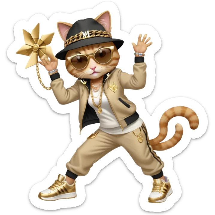 female cat in Run DMC hip-hop outfit with tracksuit, fedora, Adidas sneakers, dark sunglasses, many gold chains and bling accessories, doing a windmill break dance move sticker