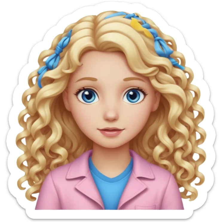 A white girl with long blonde curly hair and  eyes wearing light pink sticker