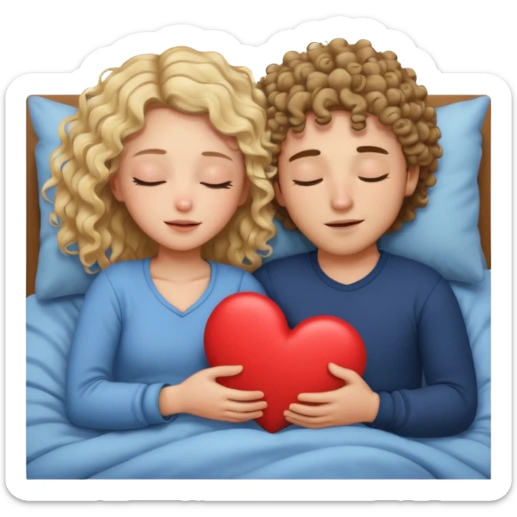cuddling in bed, asleep. wavy haired blonde girl. curly haired brunette man. eyes closed. heart between them. no headboard sticker