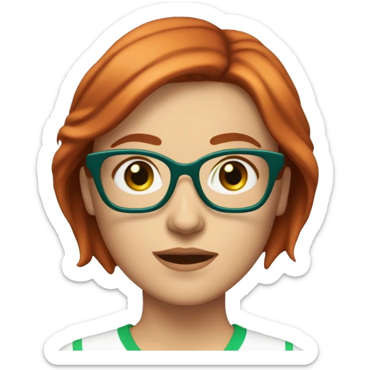 Adult Caucasian woman with choppy straight chin-length highlighted red hair and blue eyes and green glasses and white shirt sticker