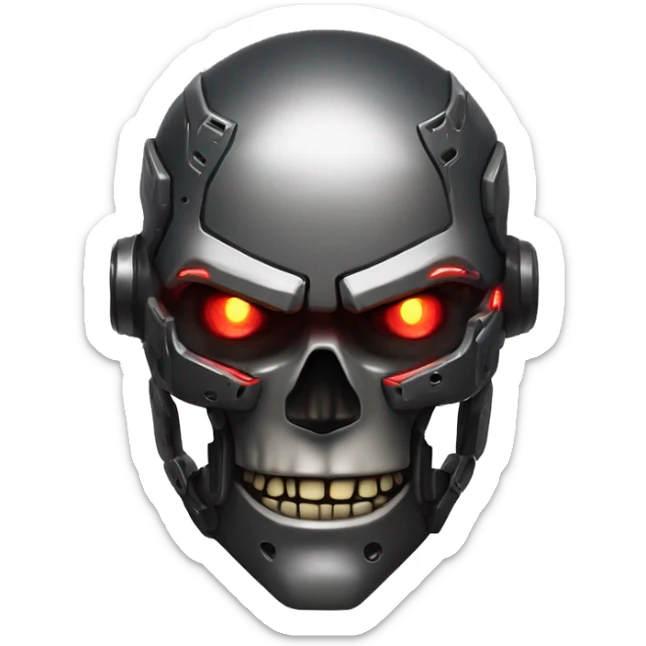 Small, intimidating emoji of a cybernetic skull with dark metallic armor, glowing red eyes, and a menacing expression, inspired by the iconic style of Adam Smasher from Cyberpunk 2077 sticker