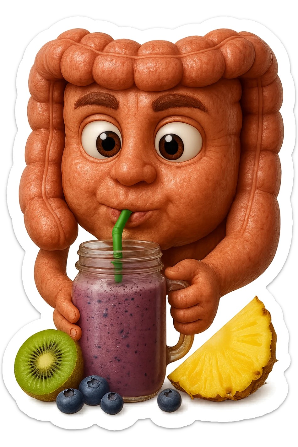 EMOJI STILE IPHONE DI un intestino umano anatomico che beve un frullato di mirtilli, ananas, kiwi, fagli anche la parte bianca degli occhi, non solo le pupille, REALISTICo 4K sticker