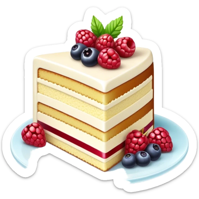 Cinematic luxurious slice of cake, delicate layers of moist sponge and rich frosting, beautifully decorated with fresh berries and a glossy glaze, soft glowing light, elegant and indulgent. sticker