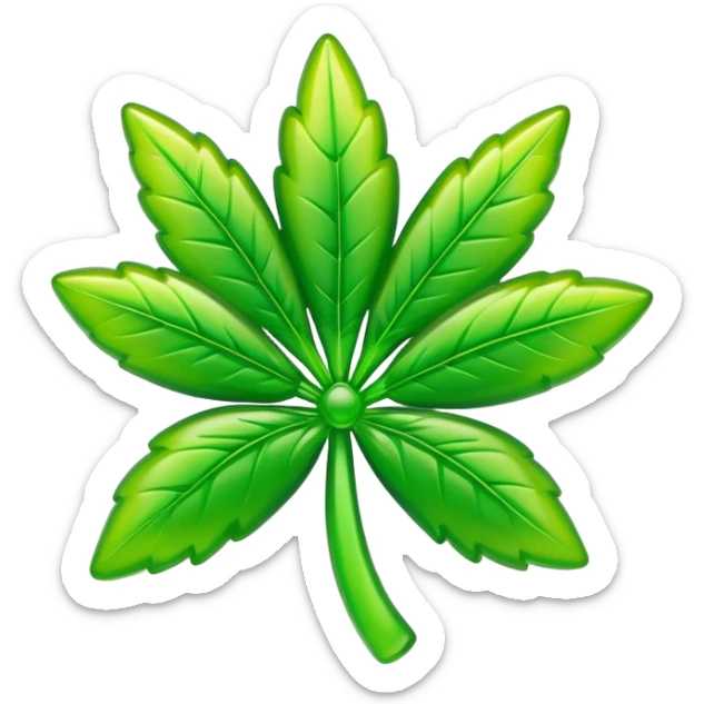 generate an emoji-style image of a juicy gummy shaped like a marijuana flower sticker