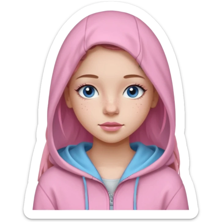 Create a TEENAGE girl with LONG and straight light brunette hair with a middle part, light skin, light freckles, and blue-gray eyes. She will have pink lips and LONG eyelashes. She will be wearing a light pink zip-up hoodie that is off her shoulder. sticker